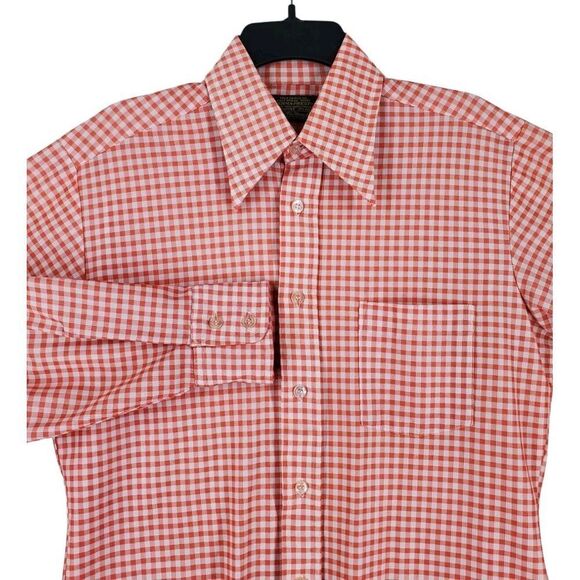 Vtg 70s Sears Shirt Men L Trim Reg Orange White Gingham Check Fitted Lightweight - Picture 1 of 11